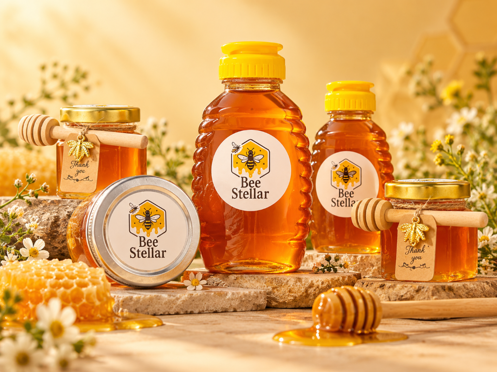 Bee Stellar's golden amber raw honey in a convenient squeeze bottle, with a curious honeybee visiting nearby
