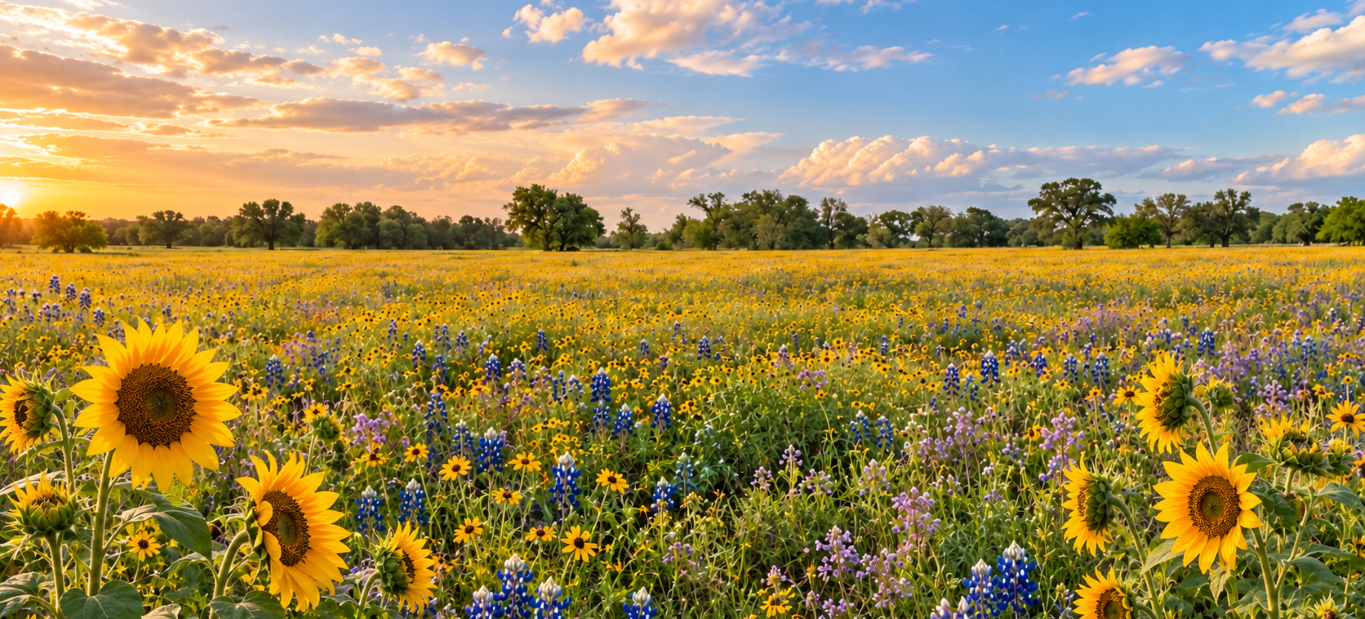 A stunning countryside sunset over tall grasses, capturing the quiet natural beauty of Brookshire, Texas